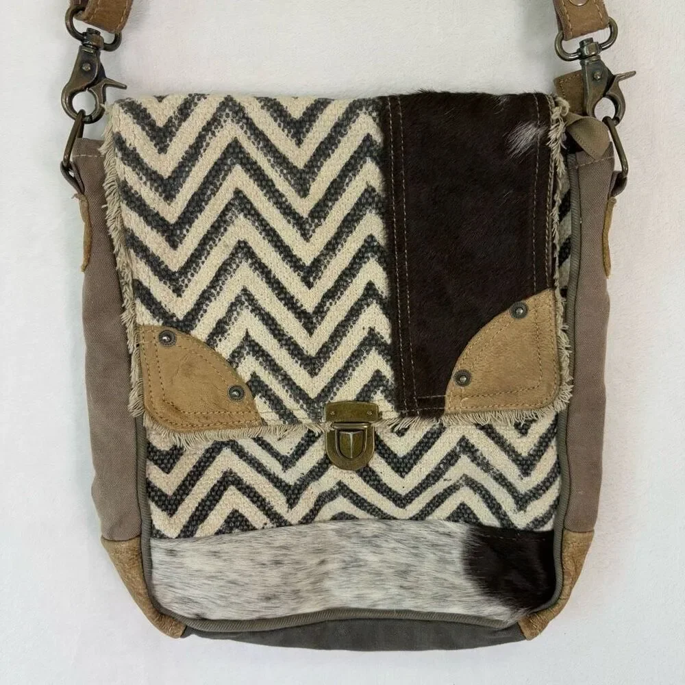 Myra Bag Grey Zig Zag with Fur Detail Flap‎ Closure Crossbody Purse